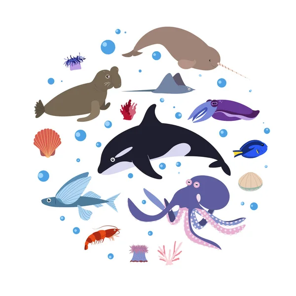 Plantilla de diseño con animal marino en círculo para impresión infantil. Composición redonda de animales marinos, ballena, pulpo y narval, elefante marino. — Vector de stock