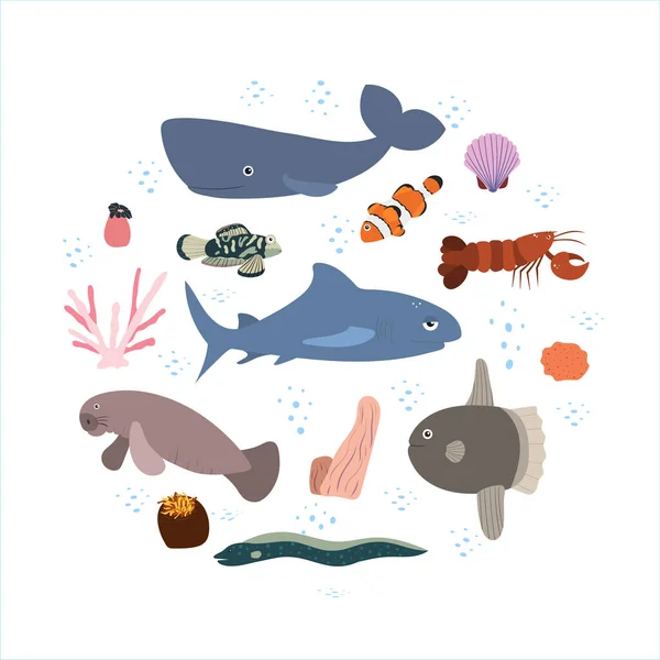 Plantilla de diseño con animal marino en círculo para impresión infantil. Composición redonda de animales marinos, cachalotes, tiburones y manatíes, peces, langosta. — Vector de stock