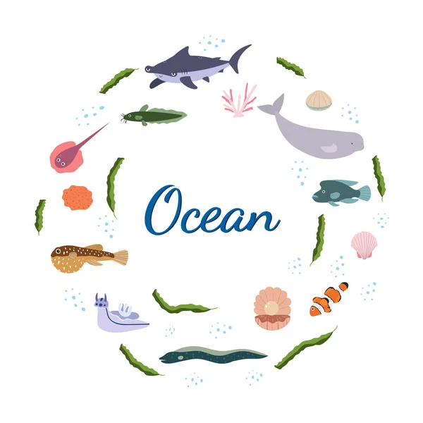 Plantilla de diseño con animal marino en círculo para impresión infantil. Composición redonda de animales marinos, tiburones, belugas y algas marinas. — Vector de stock