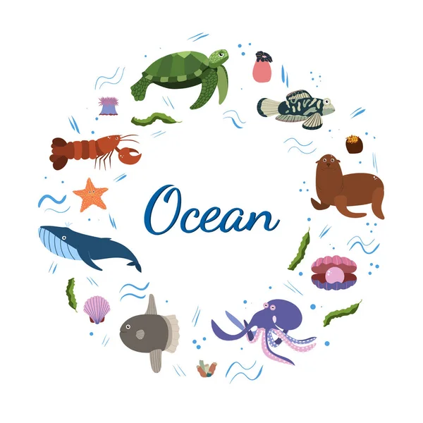 Plantilla de diseño con animal marino en círculo para impresión infantil. Composición redonda de animales marinos, tortuga y ballena, pulpo, foca de piel. — Vector de stock