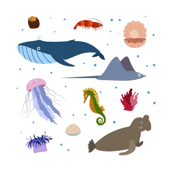 Plantilla de diseño con animal marino en cuadrado para impresión infantil. Composición en rectángulo de animales marinos, ballenas, medusas y caballitos de mar, stringray. — Vector de stock