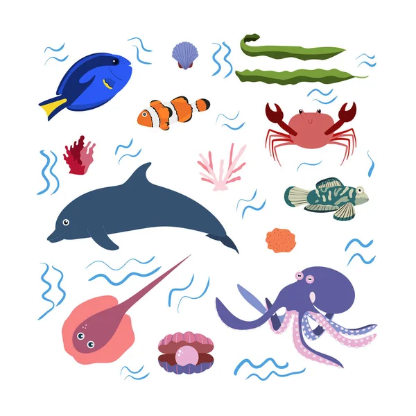 Plantilla de diseño con animal marino en cuadrado para impresión infantil. Composición rectangular de animales marinos, delfines, pulpos y cangrejos, algas y peces. — Vector de stock