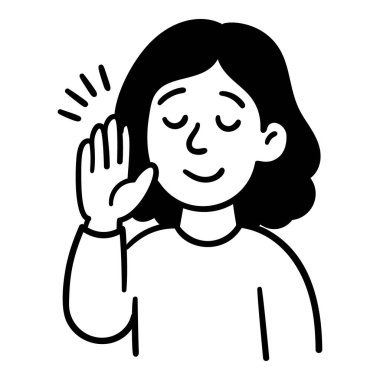 El çizimi karalamalı kadın karakter el sallıyor ve gülümsüyor. Elle çizilmiş biçimdeki stok vektör illüstrasyonu.  