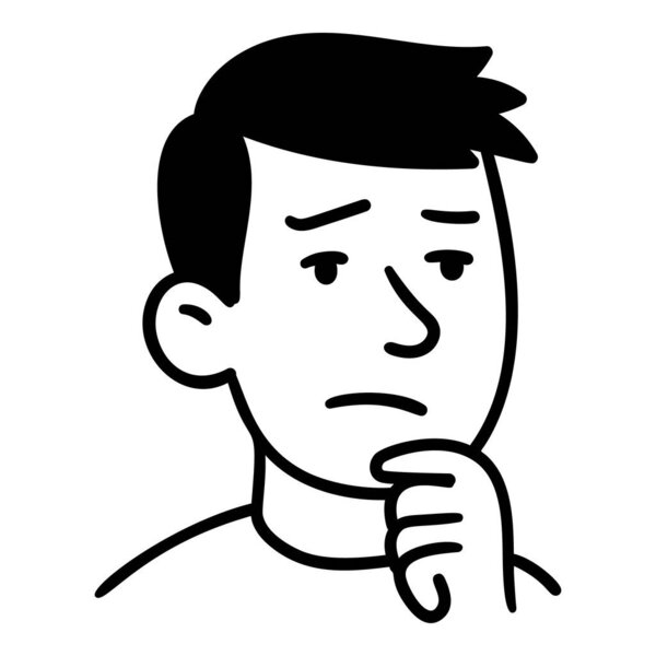 Black and white doodle of a man with a concerned face, touching his cheek with his hand. Isolated on transparent background. Stock vector illustration in doodle style.