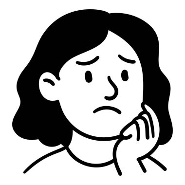 Doodle portrait of a young woman with a sad expression, resting her hand on her cheek. Black and white, isolated on transparent background. 