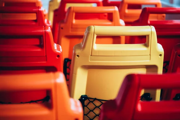 Hot colorful of Empty Seats on a Ferry boat for travel along Chao Phraya River.