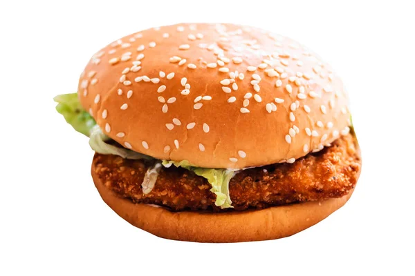 Gebakken Kip Hamburger Wit Papier Achtergrond Met Pad Voor Selectie — Stockfoto