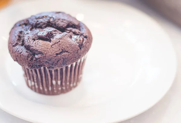 Närbild Dubbel Choklad Muffins Läckra Öken Bageri Vit Keramik Platta — Stockfoto