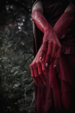 Bir cadının kanlı kırmızı elleri