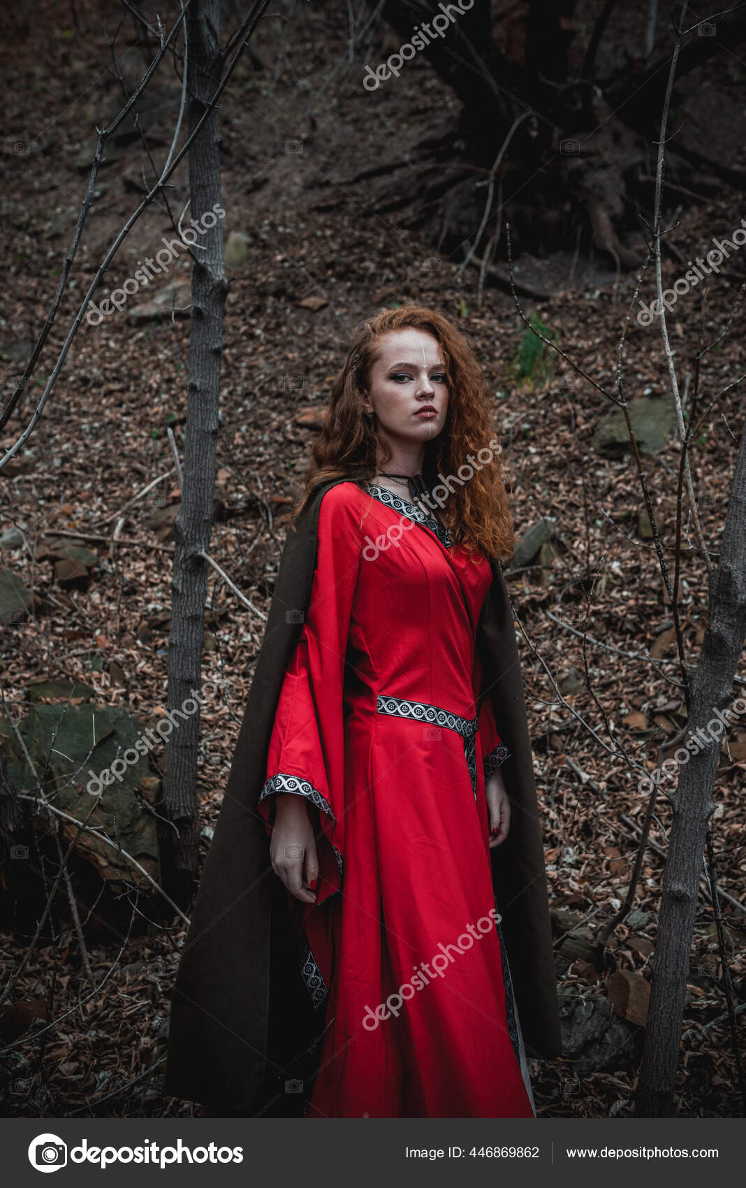 Red Haired Woman Red Dress Historical Celtic Costume Autumn Forest ...