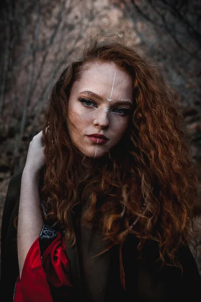 Red Haired Woman Red Dress Historical Celtic Costume Autumn Forest — Stock Photo, Image