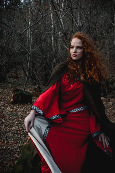 Mulher Cabelos Vermelhos Vestido Vermelho Traje Celta Histórico Floresta Outono — Fotografia de Stock