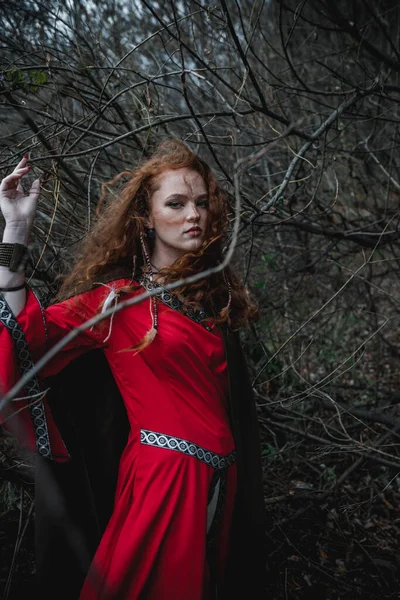 Mujer Pelirroja Con Vestido Rojo Traje Histórico Celta Bosque Otoño — Foto de Stock