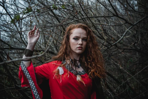 Mulher Cabelos Vermelhos Vestido Vermelho Traje Celta Histórico Floresta Outono — Fotografia de Stock