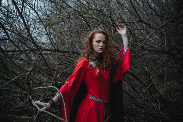 Rothaarige Frau Rotem Kleid Historischen Keltischen Kostüm Herbstlichen Wald — Stockfoto