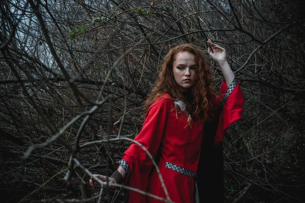 Mulher Cabelos Vermelhos Vestido Vermelho Traje Celta Histórico Floresta Outono — Fotografia de Stock