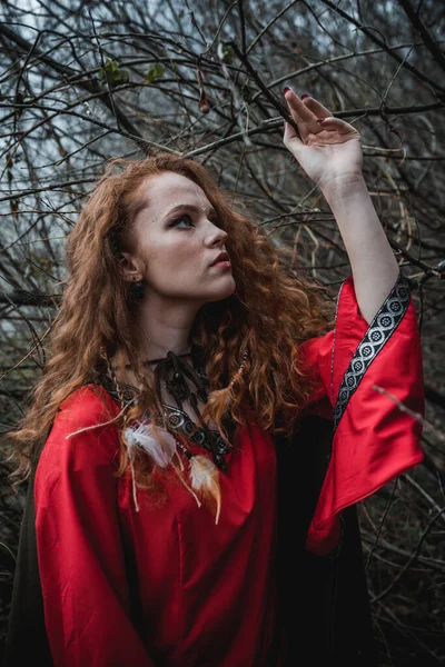 Mulher Cabelos Vermelhos Vestido Vermelho Traje Celta Histórico Floresta Outono — Fotografia de Stock