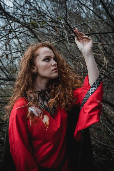 Mulher Cabelos Vermelhos Vestido Vermelho Traje Celta Histórico Floresta Outono — Fotografia de Stock