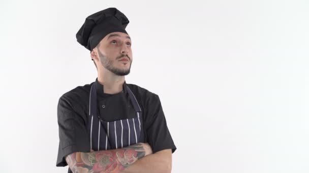 Chef em uniforme pensando o que cozinhar — Vídeo de Stock