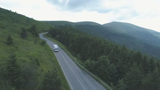 Drone perseguindo van de carga branca dirigindo na estrada da montanha da floresta — Vídeo de Stock