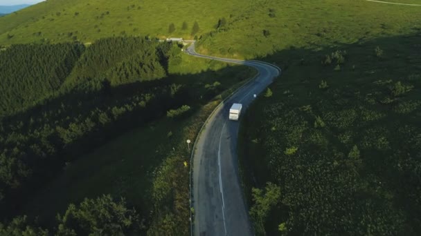 Drone seguindo van de carga branca dirigindo nas montanhas no verão — Vídeo de Stock