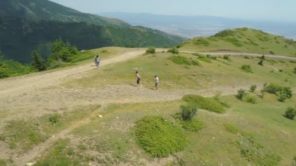 Drohnen-Ansicht einer Wandergruppe, die die Spitze eines Hügels mit bewaldeten Bergen um sich herum erreicht — Stockvideo