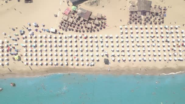 Bar de playa en playa de arena con sombrillas, gente nadando en el mar — Vídeo de stock