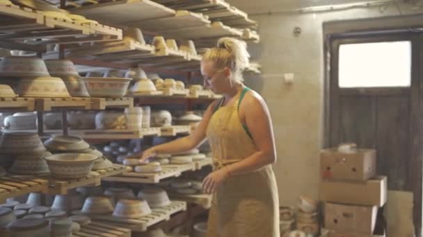 Kobieta Potter aranżowanie gliniane naczynia na półkach w warsztacie garncarskim — Wideo stockowe