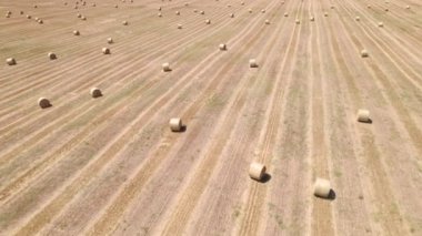 Kırsal alanda balyaları olan saman tarlalarının havadan görünüşü
