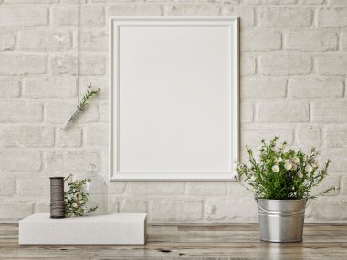 Alay poster, iç kompozisyon, beyaz tuğla duvar, çiçekler, beyaz poster, 3d render.