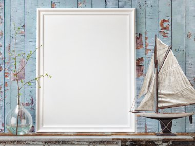 Poster çerçevesi ile vintage Çekmeceli, yenilikçi iç arka plan, 3d render kadar alay