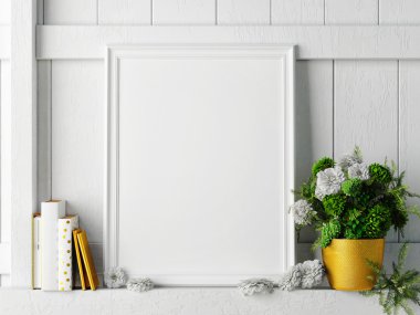 Beyaz çerçeve, hipster arka plan, 3d render sahte