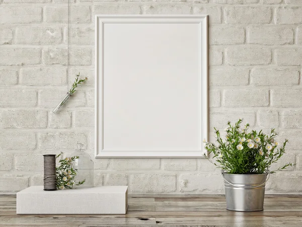 Плакат макета, интерьер, белая кирпичная стена, цветы, белый плакат, 3d рендеринг — стоковое фото