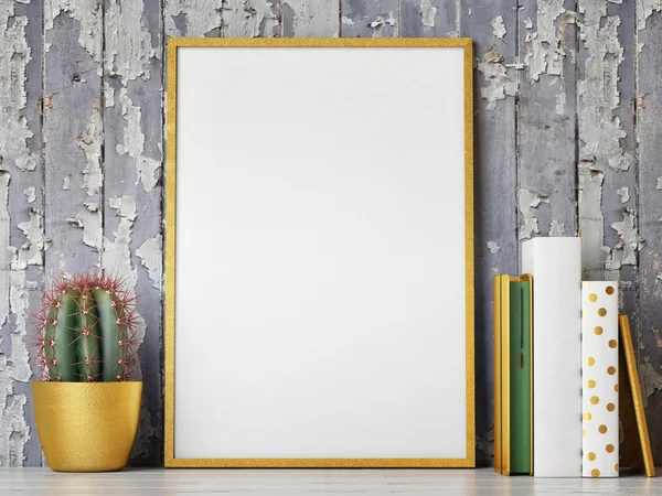 Golden mock up frame, hipster background, 3d rendering — Stok Foto