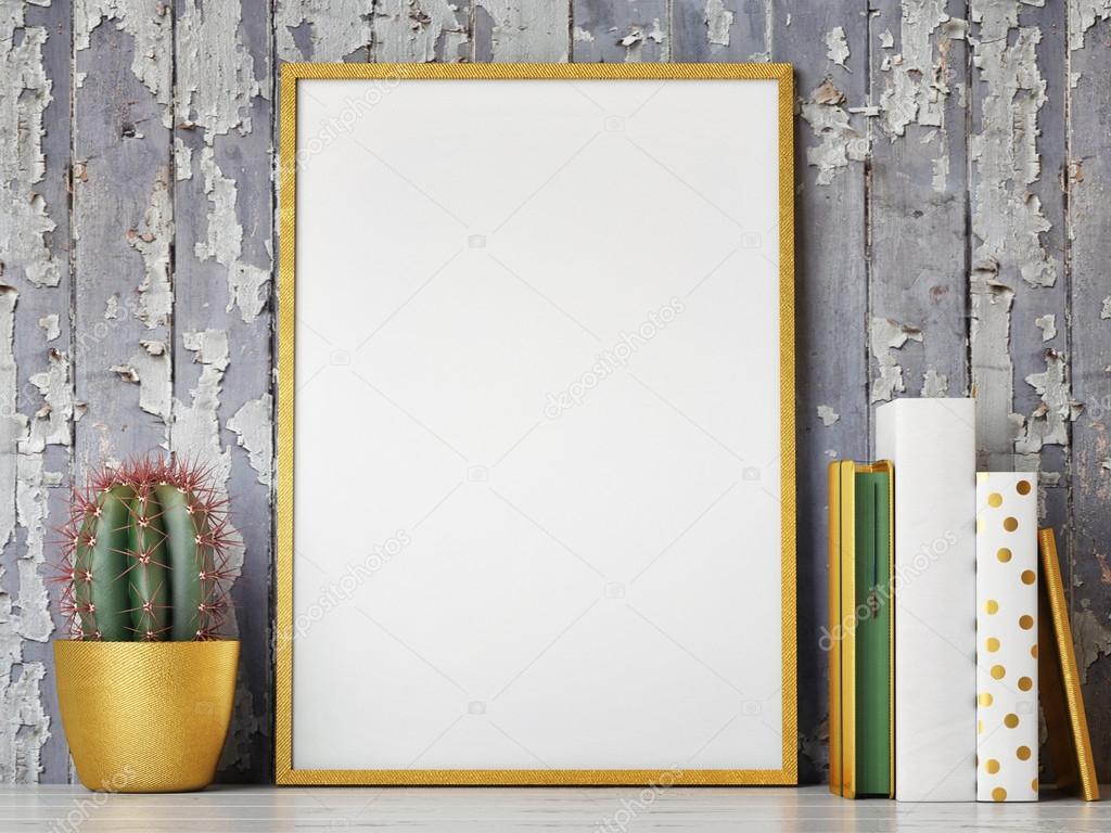 Golden mock up frame, hipster background, 3d rendering