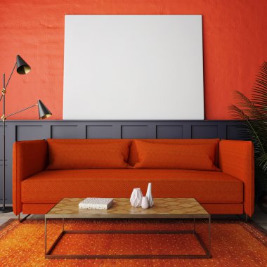 Kırmızı oturma odası, poster, 3d render sahte kavramı