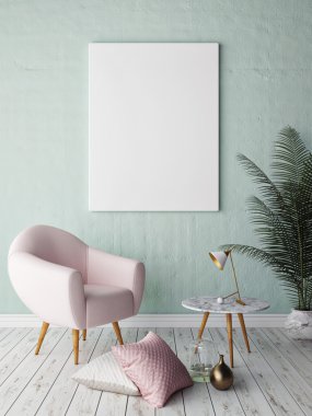 Boş poster hipster oturma odası, 3d render duvarına kadar alay