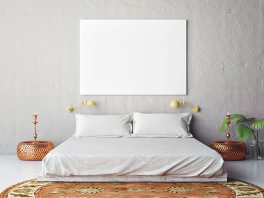 Yatak Odası, 3d çizim duvarına boş poster kadar alay