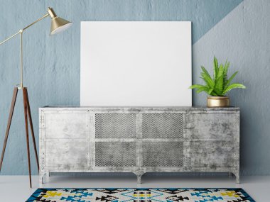 Alay posteron retro Çekmeceli, yenilikçi iç arka plan, 3d render.
