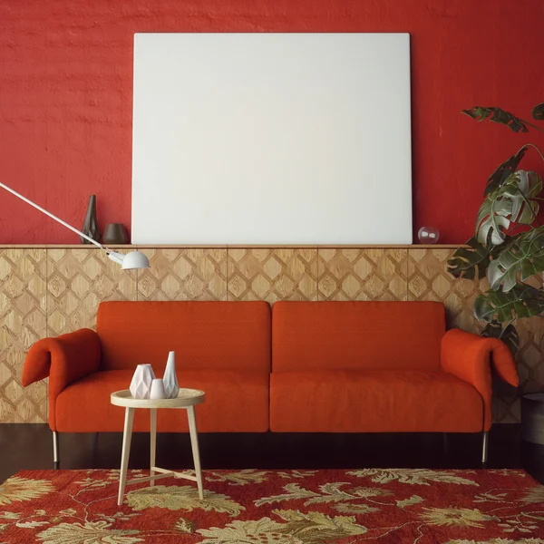 Conceito de sala de estar vermelho, simular cartaz, renderização 3d — Fotografia de Stock