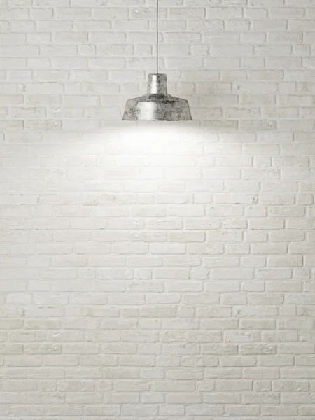 Pared de ladrillo blanco en blanco con lámpara de techo, representación 3D — Foto de Stock