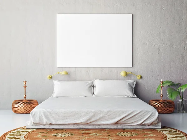 Makiety puste plakat na ścianie sypialni, ilustracja 3d — Zdjęcie stockowe