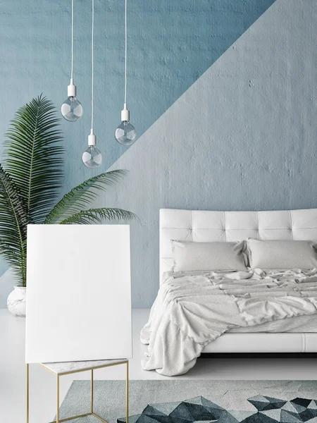 Simular cartel en blanco en la pared del dormitorio, representación 3D — Foto de Stock