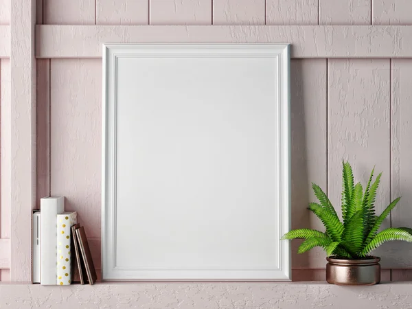 Mock up frame on rose wooden wall, 3d rendering — Stock Photo, Image