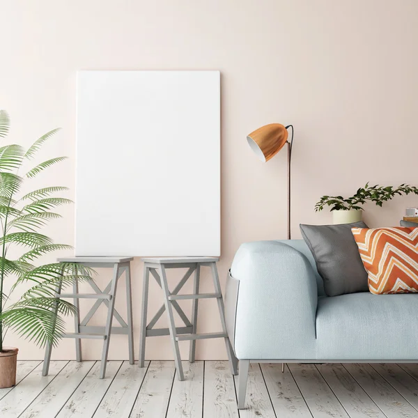 Oturma odası, 3d render duvarına boş poster kapatın