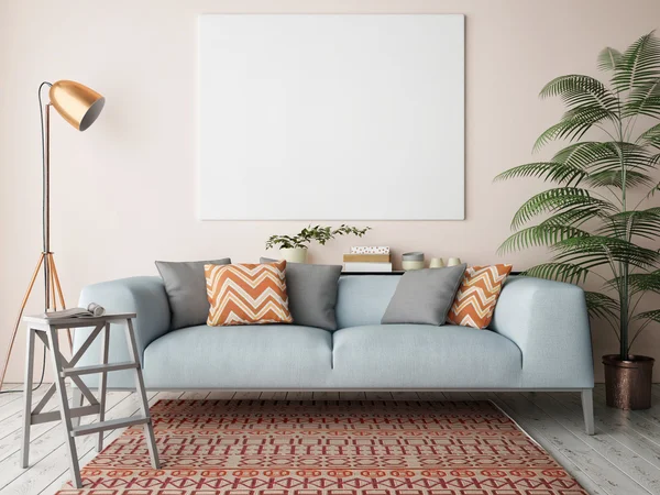 Mock up blank poster on the wall of living room, 3D rendering — Stock Photo, Image