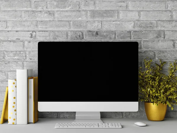 PC ekranı, gri tuğla arka plan, 3d render alay