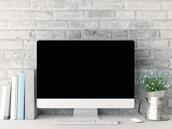 Mock up PC Screen, gray brick background, 3d rendering — Stock Photo, Image