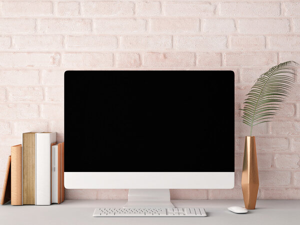 Mock up PC Screen, rose brick background, 3d rendering