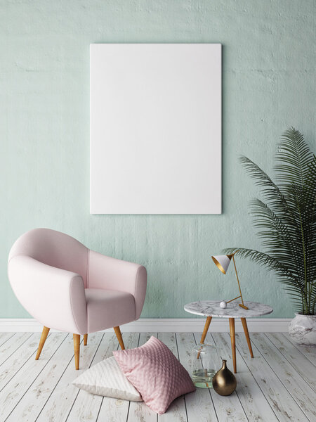 Mock up blank poster on the wall of hipster living room, 3D rendering Royalty Free Stock Photos